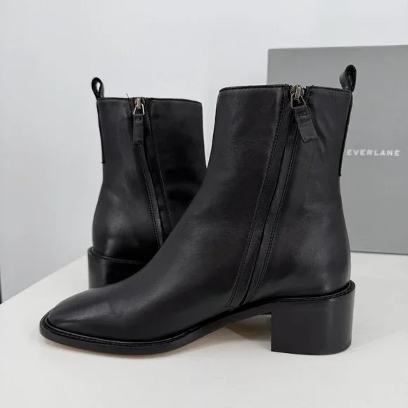 Everlane The City Boot in Black Leather sz 8 Women's Side Zip Block Heel Ankle - Picture 5 of 9
